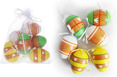 Image de Oeuf décoratif peint en plastique 6 cm 6 pièces dans un sac en organza