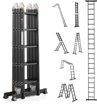 Produktbild von Multifunktionale 7-in-1 Ausklapp-Latte, 6,8 m hoch, teleskopische A-Framelatte mit 5 Stufen, verstelbar, für Außen- und Innenzwecke, 150 kg Tragfähigkeit