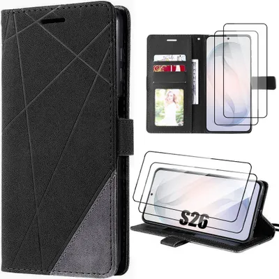 Image de Coque + 2 Verres Trempés pour Samsung Galaxy S26, Flip Case Protection 360 CuirPolyuréthaneMotif Rayures - Noir Gris
