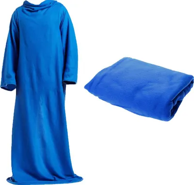 A blue fleece blanket with sleeves and a folded blue fleece blanket are shown against a white background.