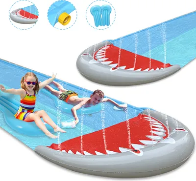 Obrázok produktu pre TolleTour vodná šmykľavka vonkajšia letná trávniková, 550 * 145cm vodná hračka v žraločom štýle záhradná vodná podložka, vodná šmykľavka s 2x surfovacou doskou