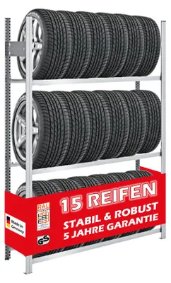 Produktbild von Reifenregal TIRE PRO  Germany | Grundregal | HxBxT 200x130x43cm | 150kg Fachlast | bis zu 15 Reifen auf 3 Ebenen | Verzinkt