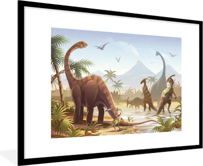 Produktbild von MuchoWow® Gerahmtes Poster Dinosaurier - Landschaft - Tropisch - Kinder - Jungen 90x60 cm - Poster mit Schwarzem Bilderrahmen Wandposter Rahmen Foto Bilder - Wanddekoration - Fotos