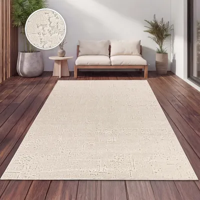 Produktbild von Outdoor Teppich Wetterfest Balkon Wohnzimmer Skandinavisch Boho Einfarbig Creme Grösse 160x220 cm