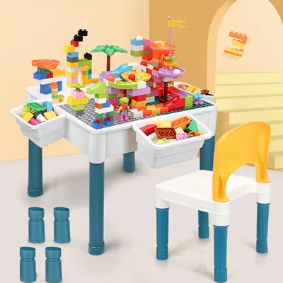 Zdjęcie produktu dla Stolik dla dzieci z krzesełkiem - Wielofunkcyjny stolik aktywności 6w1 - 51 x 51 cm - 292 klocki - Dwustronny blat do zabawy