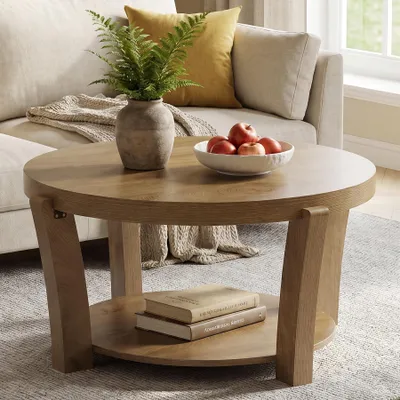Produktbild von Tribesigns runder Couchtisch, 2-stöckig mit offenem Stauraum, runder Wohnzimmertisch aus Holz Landhausstil mit 80 cm Tischplatte, hellbraun