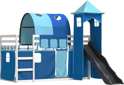 Produktbild von vidaXL Etagenbett mit Rutsche und Gardinen Blau 90x200 cm