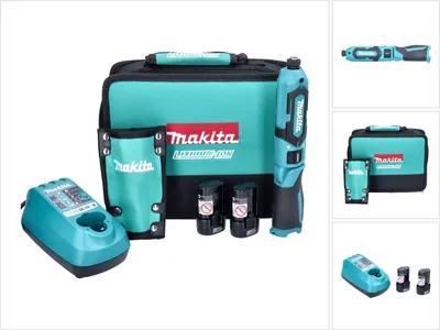 A collage of images showing a Makita cordless screwdriver set, including the tool, batteries, charger, and storage bag.