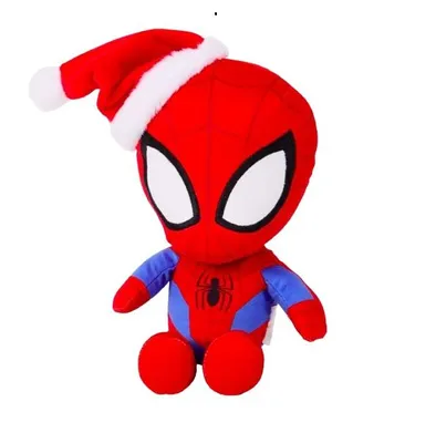 A plush toy of Spiderman wearing a Santa hat, sitting against a white background.