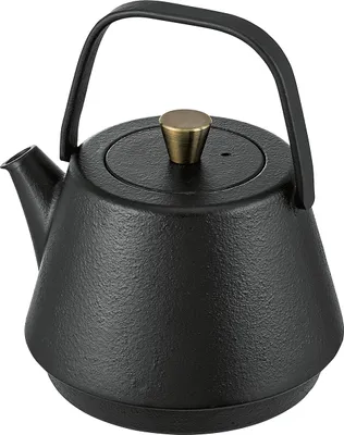 A black cast iron teapot with a bronze knob on the lid and a black handle, shown against a white background.