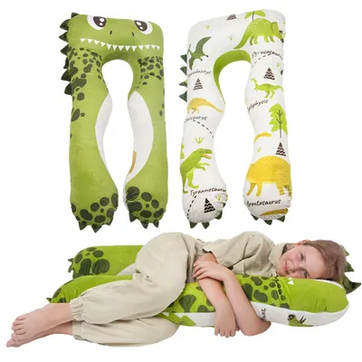 Produktbild von KomfortKissen™ Kids – Ergonomisches Kinder-Körperkissen 60x120 cm - Mikroplüsch (Kuschelig) / Dino