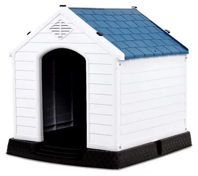 Produktbild von Hundehütte aus Kunststoff, wetterfeste Hundehöhle für Innen- und Außenbereich, Tierhaus mit erhöhter Bodenplatte (S)