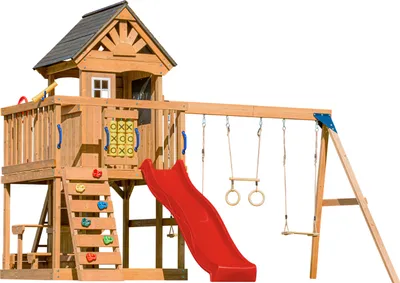 Image de Axi Jack Aire De Jeux En Bois Avec 2 Balançoires, Toboggan Rouge / Extérieur, Bac À Sable, Trapèze/Mur D'Escalade | Portique