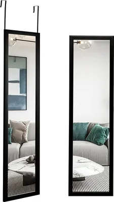 Two full-length mirrors are shown in a living room setting, reflecting a sofa and coffee table.