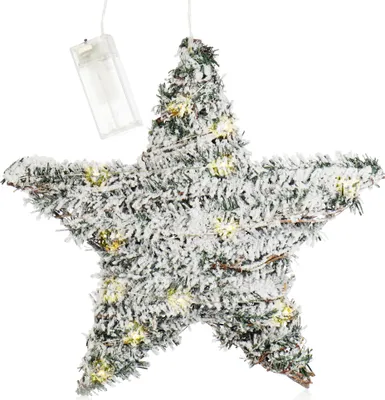 Produktbild von com-four® Künstlicher Weihnachtsstern beschneit mit Beleuchtung und Timer, Stern mit Kunstschnee und 20 warmweißen LEDs, Weihnachtsdeko