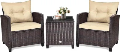 Immagine prodotto di GOPLUS Mobili da balcone Set di mobili da giardino in polyrattan Tavolo Sedie Cuscini da salotto Beige