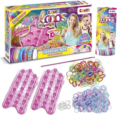 Productafbeelding van Loom-banden - Creatieve doos met 600 elastiekjes - Sluitingen - Knoopborden en haaknaald - Knutselset voor kinderen