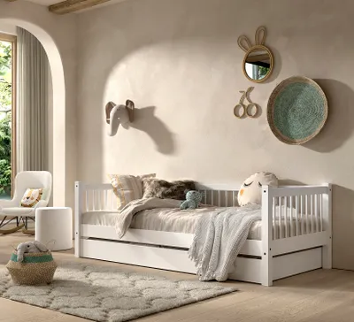 Produktbild von VIPACK - Kojen-Bett mit Liegefläche 90 x 200 cm, inkl. Lattenrost u. Bettschublade, Ausf. Buche massiv weiß lackiert