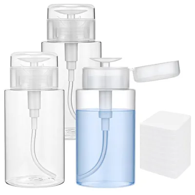 Imagen del producto de Botella dispensadora de 200 ml, paquete de 3 unidades, con 200 discos de algodón para desmaquillador, transparentes, para uso cosmético