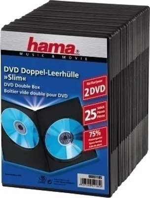 Zdjęcie produktu dla Hama DVD Slim Double-Box 25, Black, 2 dysków, Czarny, 195 mm, 166 mm, 138 mm, 1,39 kg