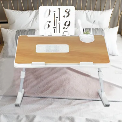 Produktbild von Laptoptisch,Laptop Betttisch Klappbar, Notebook Tisch mit 2 USB Ladeanschluss,Licht und Ventilator,Schlitz,Tablet-Ständer 60x40x26-39cm holzfarbe