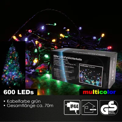A product shot of a string of multicolor LED lights, with a box and a small inset image of a decorated Christmas tree.