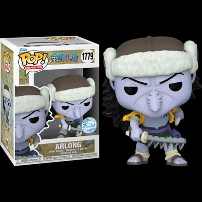 A Funko Pop! vinyl figure of Arlong from One Piece, shown both in its packaging and out of the box.