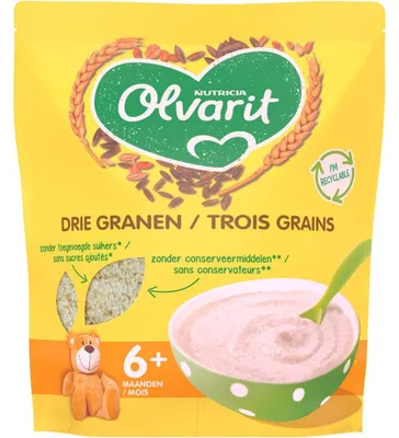 Obrázek produktu pro Olvarit třízrnná kaše 6 měsíců+ 200 g - dětská kaše bohatá na živiny bez cukru