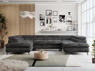 Produktbild von Wohnzimmersofa U-form, Eckcouch, Schlaffunktion und Bettkasten - PETER U - Plüsch - Anthrazit