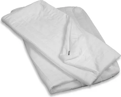A white quilted mattress protector is folded and laid out on a white background.