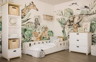 Produktbild von Kinderbett Bodenbett 90x200 cm weiß-natur mit Rausfallschutz und Lattenrost, bodentief Bett Jugendbett Einzelbett 200x90