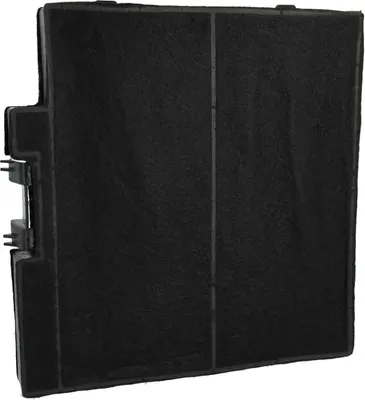 A black activated carbon filter for a range hood, viewed from a slight diagonal angle.