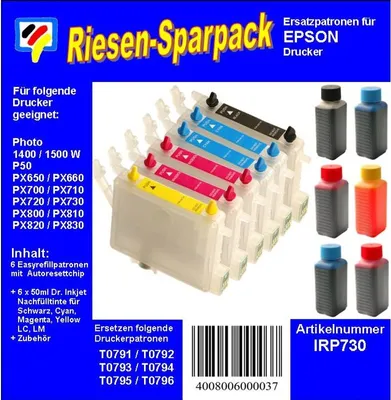 Produktbild von Starterpack CISS / Easyrefill T0791-0796Photo 1500  Multipack mit 6 Patronen und 300ml Dr.Inkjet Premium Nachfülltinte