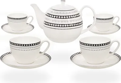Produktbild von Buchensee Kaffeeset / Teeset / Teeservice / Teekanne / Kaffeekanne 1,5 liter mit 4 Tassen je 210ml, Rautendeko, Fine Bone China