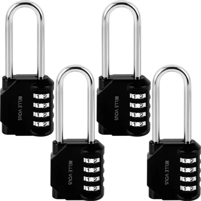 Produktbild von Belle Vous (4er Pack) Schwarzes Zahlenschloss 4 Stellig - 4,2 x 2,2 x 11 cm - Vorhängeschloss Wetterfest & Strapazierfähig - Vorhängeschloss Zahlen