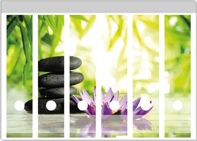 Produktbild von Wallario Ordnerrücken Sticker, selbstklebend für breite Ordner, 6 Stück, Motiv Steinstapel in schwarz mit Blumenblüte in lila