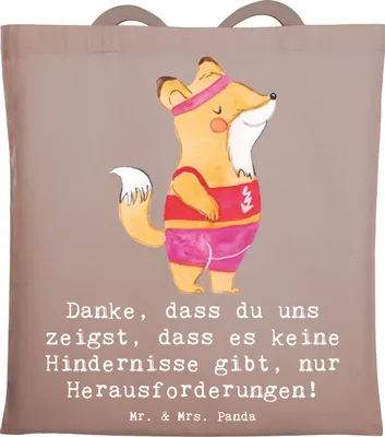 Produktbild von Mr. & Mrs. Panda Tote Bag Leichtathletik Trainerin Inspiration - Braun Pastell - Geschenk, Sportarten, Motivation, Begeisterung, Shopping Tasche, Jutebeutel, Schultasche