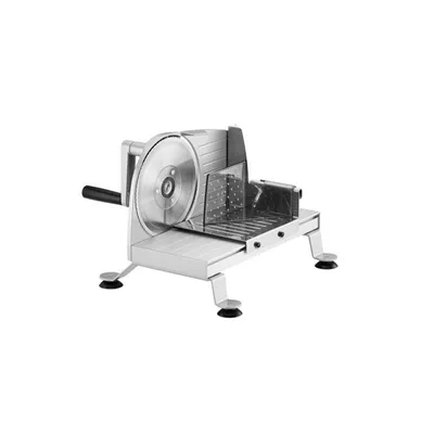 A silver meat slicer on a white background.