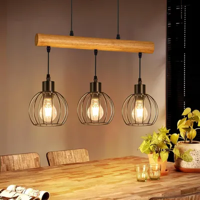 Image de Lampe suspendue ZMH en bois à 3 ampoules  Lampe suspendue pour table à manger, noire, style rétro, lampe de table à manger réglable en hauteur, pour salle à manger, cuisine, salon, bar