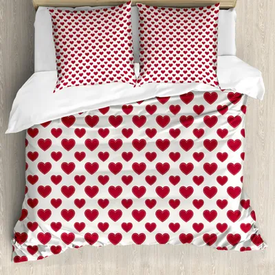 Produktbild von ABAKUHAUS Vintage Valentine Bettbezug Set, Monochrome Romantisches übersichtliches Design von Continuous Classic Herzen, 155 x 220 cm + 80 x 80 cm, Zinnoberrot Grau Weiß