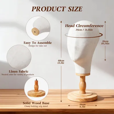 Produktbild von Canvas-Perückenkopf - Mannequinkopf 53 cm - Für Perückenherstellung und Styling - Hut- und Perückenständer mit Halterung - Beige