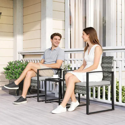 Produktbild von Rattan Bistroset 3-teilig, Polyrattan Gartenmöbel-Set, Sitzgruppe mit 2 Stühlen & Tisch, Hellgrau | 58 x 55 x 76 cm | Stahl-Gestell | 15 kg