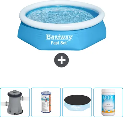Produktbild von Bestway runder aufblasbarer Fast-Set-Schwimmpool – 244 x 61 cm – Blau – inklusive Pumpe Filter - Abdeckung - Chlor