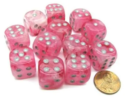 Produktbild von Chessex Ghostly Glow Pink/Silber D6 16mm Würfelset (12 Stück)