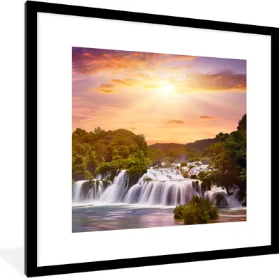 Produktbild von MuchoWow® Gerahmtes Poster Wasserfall - Landschaft - Sonne - Wolken - Sonnenuntergang 40x40 cm - Poster mit Schwarzem Bilderrahmen Wandposter Rahmen Foto Bilder - Poster - Plakat im Rahmen