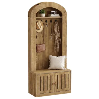 Image de Armoire Tribesigns avec banc intégré, meuble d'entrée 4-en-1 comprenant un rangement à chaussures, 5 crochets et une étagère, hauteur 180 cm, style rustique, aspect noyer