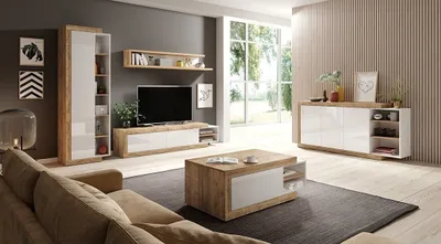 Image de Ensemble de 5 meubles de salon collection SINATRA. Couleur chêne et blanc brillant.