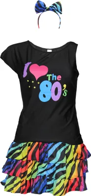 A black t-shirt with an "I love the 80's" graphic and a colorful, tiered, zebra-striped skirt, along with a matching headband.
