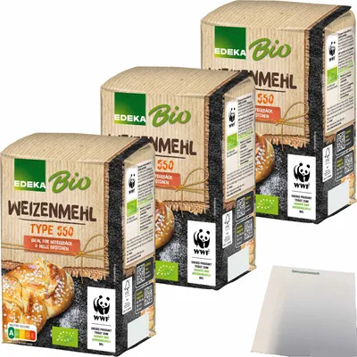 Produktbild von Edeka Weizenmehl Type 550 ideal für Hefegebäck und helle Brote 3er Pack (3x1kg Packung) + usy Block