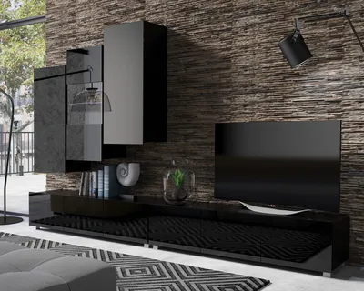Produktbild von Wohnwand Amanda IX Oberschrank 300cm Wohnzimmer-Set Vitirne tv-Schränke viel Stauraum (Schwarz matt + Schwarz Hochglanz Fronten)